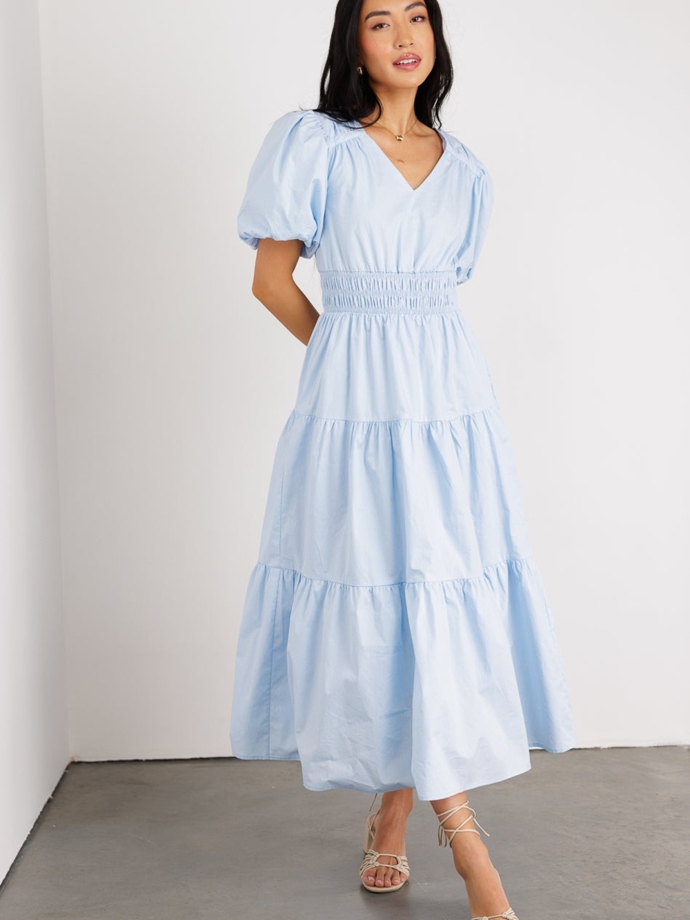 bohme Sky Blue V-Neck Puff-Sleeve Tiered Maxi Dress